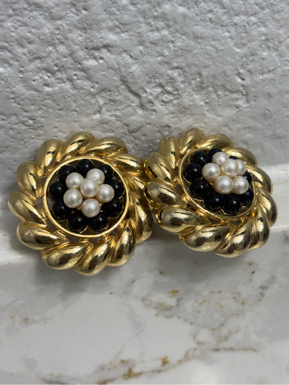 Vintage Marvella runway faux pearl gold tone statement clip earrings